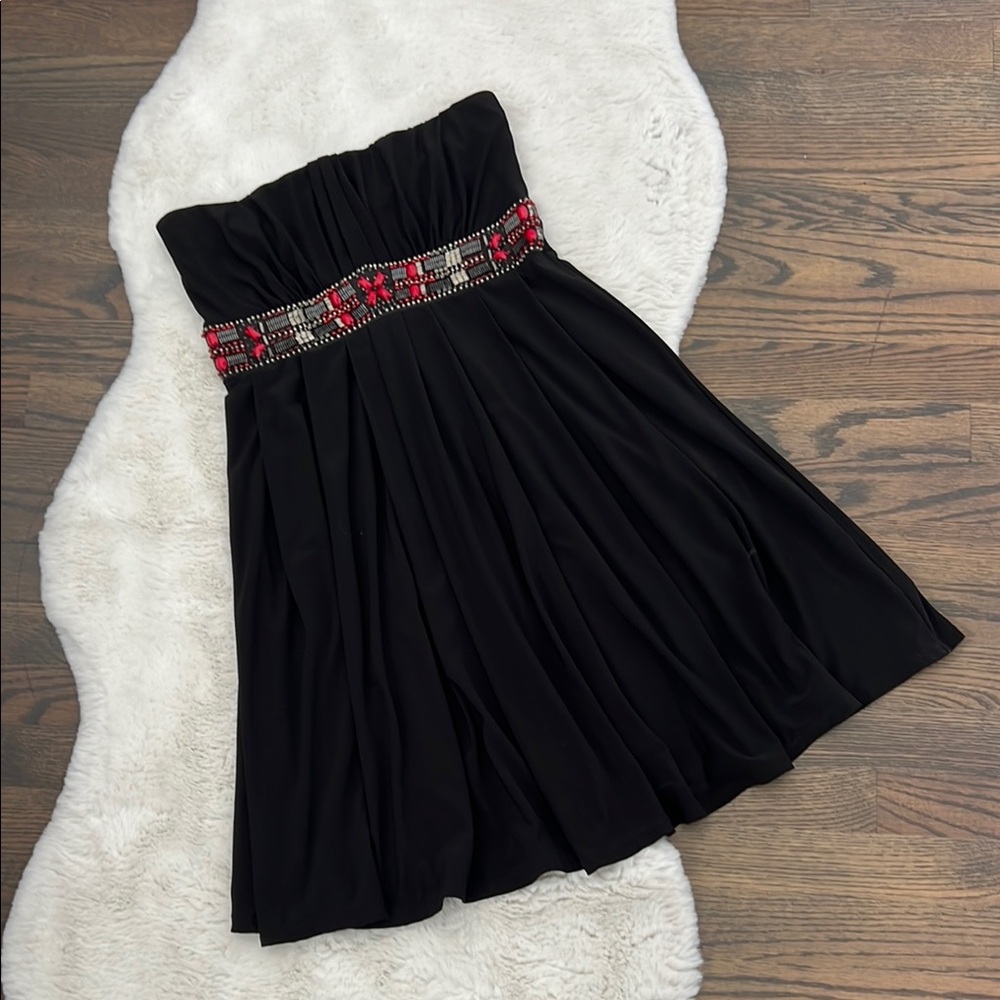 White House Black Market Black Strapless Dress with Red Accents, size 2